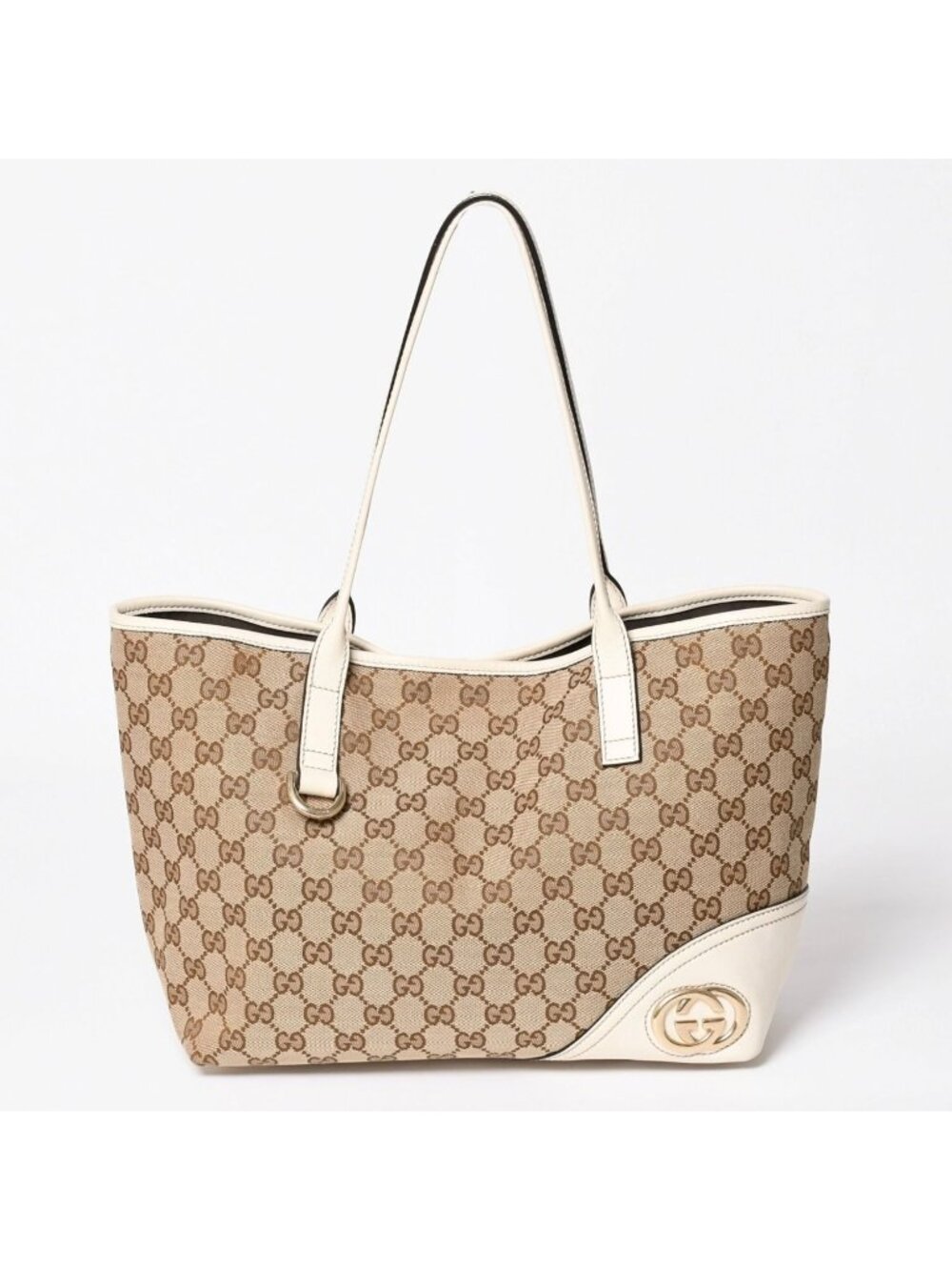 Gucci Tote Bag GG Canvas Leather Beige Brown Gold